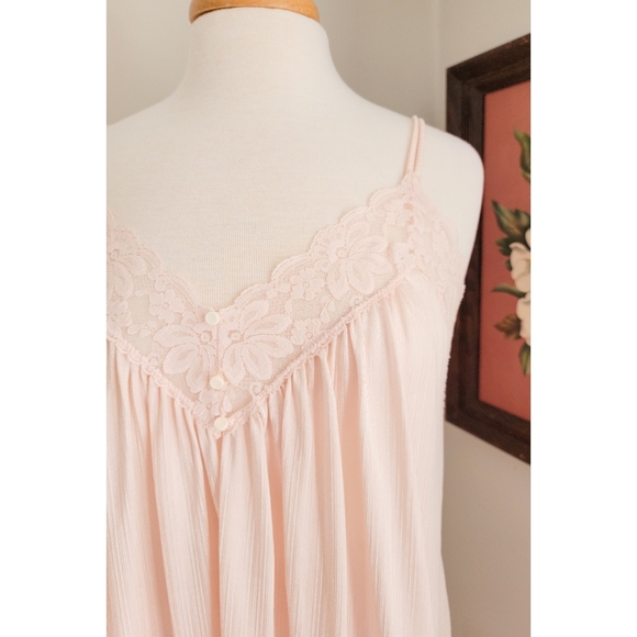 70s Pale Pink Floral Lace V Neck Split Strap Vintage Neutral Maxi Nightgown - Picture 16 of 16
